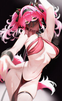 1girl alternate_costume arm_up armpits bare_shoulders black_bow bow chromatic_aberration collar commentary cowboy_shot earrings ei_(eiei_e1) grin hair_between_eyes hair_bow hair_ornament hairband highres holding holding_polearm holding_weapon jewelry long_hair looking_at_viewer lupa_(wuthering_waves) metal_collar metal_hairband mouth_veil multiple_hair_bows navel paid_reward_available pelvic_curtain pink_hair pole pole_dancing polearm revealing_clothes smile solo stomach stripper_pole sweat tail teeth thigh_strap thighs veil weapon wolf_tail wrist_guards wuthering_waves yellow_eyes