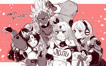 1boy 3girls anby_demara animal_ear_fluff animal_ears arm_up barcode barcode_tattoo bell billy_kid black_gloves black_hair black_ribbon blush braid braided_sidelock breasts cat_ears cat_girl clothed_robot clothing_cutout collarbone commentary_request confetti cutoffs detached_sleeves earrings facial_mark fingerless_gloves forehead_mark forehead_tattoo glove_cutout gloves greyscale_with_colored_background hair_ornament hairclip hand_on_own_head happy_birthday headphones heart heart_necklace highres humanoid_robot jacket jewelry long_hair looking_at_another mole mole_on_breast mole_under_eye monochrome multiple_girls nail_polish neck_bell necklace nekomiya_mana nicole_demara open_mouth party_popper red_background ribbon robot robot_boy short_hair shoulder_cutout strapless t7sttr tattoo triangle triangle_facial_mark tube_top two_side_up upper_body white_tube_top zenless_zone_zero