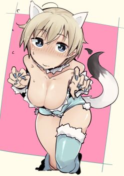 1girl absurdres animal_ears blonde_hair blue_eyes blue_nails blue_thighhighs blush brave_witches breasts cleavage closed_mouth collarbone highres large_breasts looking_at_viewer nail_polish nikka_edvardine_katajainen pegina short_hair solo tail thighhighs weasel_ears weasel_girl weasel_tail world_witches_series