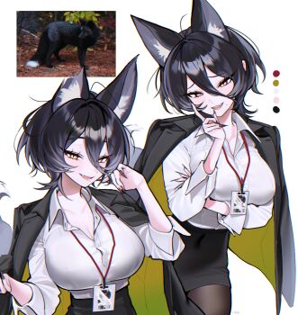 1girl absurdres ahoge animal_ear_fluff animal_ears black_hair black_jacket black_skirt breasts brown_nails brown_pantyhose cleavage collared_shirt commentary cowboy_shot dot_nose fingernails fox_ears fox_girl fox_tail green_jacket hair_between_eyes hand_up haze_(7h4ze) highres id_card jacket jacket_on_shoulders lanyard large_breasts light_blush long_fingernails long_sleeves looking_at_viewer medium_hair mole_beside_mouth multicolored_jacket multiple_views nail_polish office_lady open_mouth orange_eyes original pantyhose pencil_skirt reference_inset shirt silver_fox_(animal) simple_background skirt tail two-tone_jacket upper_body white_background white_shirt