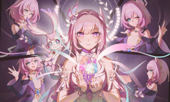 1girl ;) absurdres bare_shoulders blue_eyes breasts chinese_commentary coat commentary_request cyrene_(aedes_elysiae)_(honkai:_star_rail) cyrene_(honkai:_star_rail) cyrene_(ripples_of_past_reverie)_(honkai:_star_rail) diamond-shaped_pupils diamond_(shape) dress dual_persona flower hair_flower hair_ornament halo highres honkai:_star_rail honkai_(series) jewelry lanjue large_breasts long_hair mem_(honkai:_star_rail) necklace one_eye_closed pink_hair purple_coat purple_eyes puzzle_piece small_breasts smile star-shaped_pupils star_(symbol) symbol-shaped_pupils very_long_hair white_dress