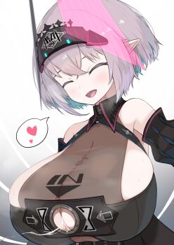 1girl after_paizuri bare_shoulders blush breasts brown_eyes brown_hair cleavage cum cum_on_body cum_on_breasts cum_on_upper_body cum_string cumdrip detached_collar detached_sleeves heart highres hourglass_print huge_breasts mikasayaki open_mouth original pointy_ears skindentation smile solo spoken_heart sweat tagme