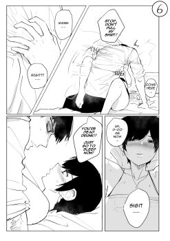 1boy 1girl absurdres aliasing angry bare_shoulders barefoot bed blush breasts drunk earrings english_text eye_contact highres indoors jewelry large_breasts leg_lock looking_at_another lying miniskirt monochrome motion_lines norman_maggot nose_blush olive_laurentia on_back on_bed original pixie_cut pulling short_hair sigit_martinus skirt sleeveless speech_bubble sweat sweatdrop