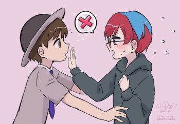Rule 34 | 1boy, 1girl, black hat, blue hair, blush, brown hair, collared shirt, commentary request, florian (pokemon), flying sweatdrops, from side, glasses, grey eyes, grey hoodie, grey shirt, hat, heart, hood, hood down, hoodie, long sleeves, multicolored hair, necktie, nintendo, notice lines, open mouth, penny (pokemon), pink background, pokemon, pokemon sv, purple necktie, red hair, school uniform, senri pk (swpu7847), shirt, short hair, short sleeves, signature, simple background, speech bubble, spoken x, sweat, two-tone hair, upper body, uva academy school uniform, very short hair, wide brim
