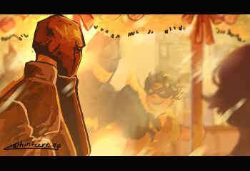 bat_signal batman batman_(series) batman_symbol black_bodysuit black_gloves black_hair bodysuit brown_jacket bruce_wayne commentary cowl dc_comics domino_mask english_commentary eye_mask gloves grey_bodysuit highres hunteerr_44 jacket jason_todd male_focus mask multicolored_bodysuit multiple_boys muscular muscular_male open_clothes pants red_hood_(dc) red_hood_and_the_outlaws red_mask robin_(dc) short_hair superhero_costume taut_bodysuit two-tone_bodysuit