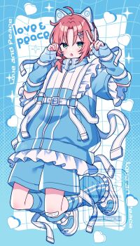 1boy :o ahoge amagi_hana animal_ear_headphones animal_ears blue_arm_warmers blue_shoes blue_shorts blue_track_suit cat_ear_headphones cat_ears chest_harness commentary_request curtained_hair ensemble_stars! fake_animal_ears frilled_sleeves frills full_body green_eyes hair_ornament hairclip hand_up harness headphones heart heart_hands highres male_focus orange_hair oversized_clothes patterned_background ponytail shoes short_sleeves shorts side_ponytail sidelocks sneakers solo sparkle strap tenshi_kaiwai track_suit tsukinaga_leo v watermark zipper
