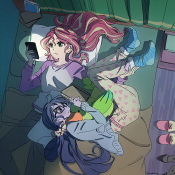Rule 34 | 2girls, 5mmumm5, \||/, ahoge, ankle socks, bed, black-framed eyewear, black hair, black shoes, blanket, blonde hair, blue cardigan, blue socks, book, bow, breasts, cardigan, closed mouth, colored skin, commentary request, curtains, denim, double-parted bangs, feet out of frame, fingernails, footwear bow, from above, frown, full body, glasses, green eyes, grey pants, hair between eyes, hair ornament, hair scrunchie, hair spread out, hand on another's leg, hand up, head on pillow, heart, heart print, highres, holding, holding book, hunched over, indoors, jeans, knees together feet apart, long hair, long sleeves, looking at object, looking at phone, low ponytail, lying, multicolored hair, multiple girls, my little pony, my little pony: equestria girls, my little pony: friendship is magic, nightstand, on back, on bed, on side, pajamas, pants, phone, pillow, pink bow, pink pajamas, pocket, ponytail, puffy long sleeves, puffy sleeves, purple eyes, purple skin, purple sleeves, raglan sleeves, rectangular eyewear, red hair, sci-twi, screen light, scrunchie, shirt, shoes, slippers, small breasts, socks, streaked hair, striped clothes, striped socks, stuffed animal, stuffed bird, stuffed toy, sunset shimmer, sunset shimmer (human), tareme, twilight sparkle, two-tone hair, unworn shoes, unworn slippers, very long hair, wavy mouth, white shirt, yellow pajamas, yellow scrunchie, yellow slippers