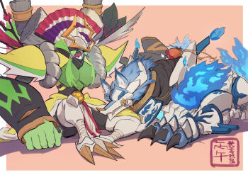 1boy armor blue_fire border closed_eyes commentary_request ctk_tamer digimon digimon_(creature) fenriloogamon fire full_body green_armor green_eyes kazuchimon pink_background simple_background sitting sleeping white_border wolf