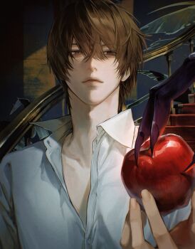 Rule 34 | 2boys, apple, brown eyes, brown hair, collared shirt, dang0 23, death note, fingernails, food, fruit, hair between eyes, hashtag-only commentary, highres, holding, holding food, holding fruit, looking at another, male focus, multiple boys, out of frame, partially unbuttoned, ryuk, sharp fingernails, shinigami, shirt, short hair, solo focus, upper body, white shirt, yagami light