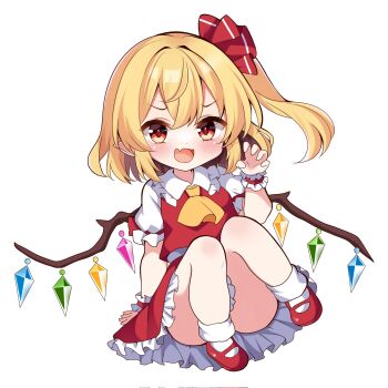 1girl :d arm_behind_back ascot blonde_hair blush chibi chibi_only claw_pose commentary convenient_leg corrupted_twitter_file crystal_wings double-parted_bangs fang flandre_scarlet frilled_shirt_collar frilled_skirt frills full_body hair_between_eyes hair_intakes hair_ribbon hand_up highres knees_together_feet_apart knees_up looking_at_viewer mary_janes medium_hair miniskirt no_headwear open_mouth pointy_ears puffy_short_sleeves puffy_sleeves red_eyes red_ribbon red_shoes red_skirt red_vest ribbon shirotsuki_shirone shirt shoes short_sleeves side_ponytail simple_background sitting skin_fang skirt smile smug solo thighs touhou v-shaped_eyebrows vest white_background white_shirt wings yellow_ascot