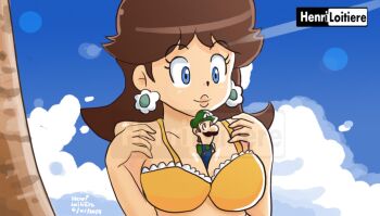 1boy 1girl accidental_pervert between_breasts bikini blue_eyes blue_sky breasts brown_hair cleavage closed_mouth cloud day earrings facial_hair flipped_hair flower_earrings giant giantess hair_flaps hands_up hat jewelry landscape looking_down luigi mario_(series) medium_breasts mini_person miniboy mustache nintendo orange_bikini orange_biniki outdoors overalls princess princess_daisy signature size_difference sky smile standing swimsuit tomboy tree watermark