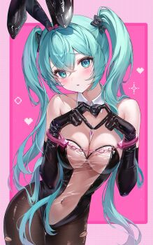 1girl absurdres animal_ears aqua_eyes aqua_hair between_breasts black_bow black_bowtie black_gloves black_pantyhose blush border bow bowtie breasts crossed_bangs cuffs detached_collar double-parted_bangs elbow_gloves fake_animal_ears four-finger_heart_hands furrowed_brow gloves hair_between_eyes hair_bow handcuffs hatsune_miku heart heart_hands highleg highleg_leotard highres large_breasts leaning_to_the_side leotard long_hair looking_at_viewer navel outside_border pantyhose parted_lips pink_background pink_border playboy_bunny rabbit_ears ryu_o see-through_clothes see-through_leotard small_sweatdrop solo thigh_gap torn_clothes torn_pantyhose twintails very_long_hair vocaloid