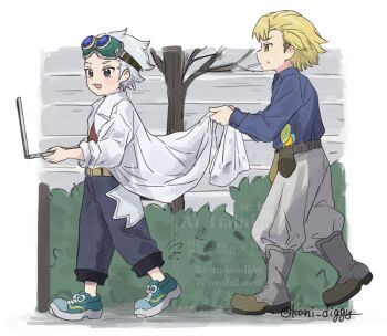 Rule 34 | 2boys, :d, aged down, bare tree, belt, black eyes, blonde hair, blue shirt, boots, brown belt, bush, cigarette, coat, collared shirt, computer, dr. stone, from side, full body, goggles, goggles on head, grey hair, grey pants, highres, holding, holster, kani diggy, lab coat, laptop, long sleeves, male focus, mouth hold, multiple boys, open mouth, outdoors, pants, profile, red shirt, shirt, shoes, short hair, sleeves rolled up, smile, smoking, sneakers, standing, stanley snyder (dr.stone), sweatdrop, tree, twitter username, utility belt, walking, white hair, xeno (dr.stone), yellow belt, yellow eyes