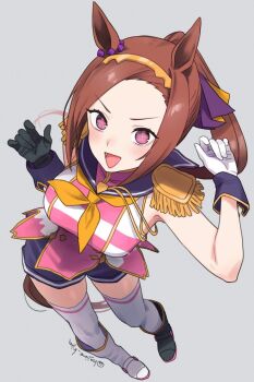 Rule 34 | 1girl, animal ears, asymmetrical footwear, asymmetrical gloves, black boots, black gloves, blush, boots, breasts, brown hair, commentary, epaulettes, flower in eye, gloves, gold hairband, hairband, highres, horse ears, horse girl, horse tail, kiya hajime, large breasts, long hair, looking at viewer, mismatched footwear, mismatched gloves, neckerchief, open mouth, ponytail, purple eyes, purple shorts, sakura bakushin o (blossom in learning) (umamusume), sakura bakushin o (umamusume), shorts, simple background, single epaulette, sleeveless, smile, solo, symbol in eye, tail, thighhighs, umamusume, white boots, white gloves, white thighhighs, yellow neckerchief