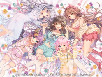 5girls aqua_eyes aqua_shirt aqua_shorts bed_sheet black_hair blue_eyes bow bow_hairband braid braided_hair_rings breasts brown_eyes brown_hair brown_horns brown_sweater camisole cleavage closed_mouth copyright_notice demon_horns demon_wings dress flower frilled_thigh_strap grey_dress grey_hair hair_bow hair_flower hair_ornament hair_rings hairband halo horns jacket long_hair looking_at_viewer lying marie_(z/x) multiple_girls navel nu_(z/x) official_art on_back one_eye_closed open_mouth pajamas pecteilis pink_bow pink_hair pointy_ears polka_dot polka_dot_camisole polka_dot_hairband polka_dot_shorts polka_dot_thighhighs prism_(z/x) purple_eyes purple_hair serino_itsuki shirt shorts smile striped_clothes striped_jacket striped_shorts sweater sweater_partially_removed thigh_strap thighhighs traditional_halo ugly_(z/x) uglykao white_thighhighs wings yellow_eyes z/x