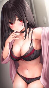 1girl absurdres arm_up armpits black_bra black_choker black_hair black_panties blush bow bow_bra bow_panties bra breasts choker cleavage closed_mouth collarbone hair_between_eyes heart highres jacket large_breasts long_hair long_sleeves looking_at_viewer navel off_shoulder open_clothes open_jacket original outstretched_arm panties pink_jacket ramchi reaching reaching_towards_viewer red_bow red_eyes selfie single_bare_shoulder smile stomach thigh_gap underwear yandere-chan_(ramchi)