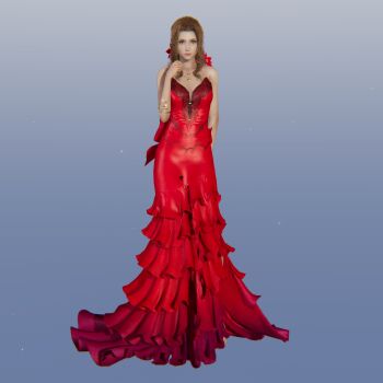 1girl 3d aerith_gainsborough armlet breasts brown_hair dress final_fantasy final_fantasy_vii final_fantasy_vii_remake flower full_body gradient_background green_eyes hair_flower hair_ornament highres jewelry long_dress medium_breasts necklace official_alternate_costume parted_bangs red_dress sidelocks sleeveless sleeveless_dress solo square_enix strapless strapless_dress wall_market