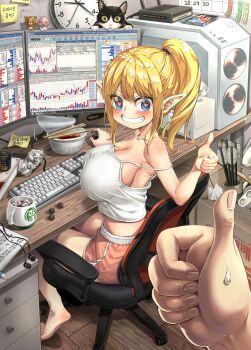1girl 1other absurdres analog_clock arrow_(projectile) at_computer bar_chart bare_arms bare_shoulders barefoot black_fur black_tail blonde_hair blue_eyes blush body_fur book box breasts cable cable_tie calendar_(object) camisole cardboard_box cat cat_tail cellphone chair chart chest_of_drawers chopsticks cleavage clock coffee collarbone commentary computer computer_fan computer_keyboard computer_mouse computer_tower crop_top cropped_shirt crumpled_paper cup instant_cup_noodles desk dolphin_shorts earbuds earphones earphones_removed electrical_outlet elf english_commentary graph grin hair_tie heart heart-shaped_pupils highres holding_computer_mouse ice ice_cube iced_coffee icon_(computing) indoors instant_cup_noodles instant_noodles instant_ramen iphone korean_text large_breasts logo_parody messy_room microsoft_windows miyu_(miyu_heuung) monitor multiple_monitors nervous_sweating no_bra office_chair on_chair original out_of_frame phone pointy_ears ponytail pov pov_hands quiver scratches shorts sidelocks sitting smartphone smile solo_focus spaghetti_strap starbucks stats sticky_note stock_trading_elf_(miyu) strap_slip sweat swivel_chair symbol-shaped_pupils table tail taskbar teacup teeth thumbs_up tissue_box translation_request two-tone_fur v-shaped_eyebrows white_camisole white_fur window_(computing) wooden_desk wooden_floor wooden_table working