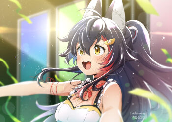 1girl ahoge animal_ear_fluff animal_ears black_hair dress hair_ornament hairpin highres hololive hololive_idol_uniform_(origin) kanya_pyi looking_at_viewer multicolored_hair ookami_mio open_mouth red_hair sleeveless sleeveless_dress smile solo streaked_hair teeth upper_teeth_only virtual_youtuber white_dress wolf_ears wolf_girl yellow_eyes