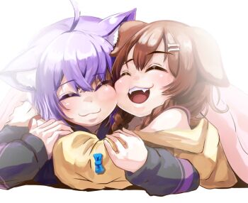 2girls animal_ear_fluff animal_ears black_hoodie blush bone_hair_ornament brown_hair cat_ears cat_girl closed_eyes dog_ears dog_girl fangs hair_ornament hololive hood hoodie hug inugami_korone inugami_korone_(1st_costume) jacket kajimakoto koro looking_at_viewer multiple_girls nekomata_okayu nekomata_okayu_(1st_costume) open_mouth purple_hair smile virtual_youtuber white_background yellow_jacket