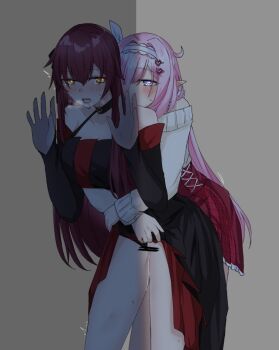 bar_censor bare_shoulders black_dress black_panties blue_eyes blush breasts censored clothing_aside commentary dress eden_(honkai_impact) elf elysia_(honkai_impact) fingering hairband heavy_breathing honkai_(series) honkai_impact_3rd large_breasts long_hair panties panties_aside pink_hair pointy_ears red_dress saliva symbol-only_commentary toufu_0626 underwear very_long_hair white_hairband yellow_eyes yuri