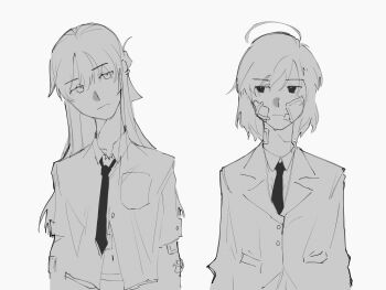 2girls ahoge bandaid bandaid_on_face closed_mouth commentary english_commentary givvhvh greyscale highres jacket long_hair miyagi_shiori monochrome multiple_girls navel necktie sendai_hazuki short_hair shuuniichido_classmate_wo_kau_hanashi simple_background torn_clothes white_background