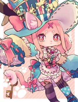 1girl :&lt; absurdres apron aqua_dress arm_up asymmetrical_legwear back_bow blue_pupils blue_shoes border bow carousel cleavage_cutout closed_mouth clothing_cutout cross-laced_clothes cross-laced_dress cross-laced_sleeves curled_tail diagonal-striped_background double_bun dress ears_through_headwear facial_mark forehead_mark foreshortening frilled_apron frilled_dress frilled_sleeves frills furrification furry furry_female hair_bun hat hat_bow high-low_dress high-low_skirt highres hikimayu holding holding_key holding_with_tail key lace-trimmed_headwear lace_trim long_sleeves looking_up mary_janes mismatched_legwear monsha_moa original outside_border outstretched_arms paperclip petite pigeon-toed pink_background pink_bow pink_eyes pink_hair pink_tail prehensile_tail ribbon-trimmed_sleeves ribbon_trim shoes short_shorts shorts signature sleeves_past_wrists solo standing striped_background sun_hat symbol-shaped_pupils tail top_hat trap waist_apron white_apron white_border white_shorts wide_sleeves wrist_bow x-shaped_pupils x_(symbol) x_facial_mark