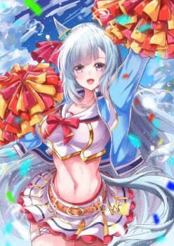 Rule 34 | 1girl, absurdres, animal ears, belt, blue hair, blue jacket, blue sky, blurry, blurry background, blush, bow, braid, breasts, chain, cloud, cloudy sky, commentary request, cosplay, cowboy shot, cropped shirt, crown braid, ear ornament, gold chain, highres, holding, holding pom poms, horse ears, horse girl, horse tail, jacket, kentan (kingtaiki), long sleeves, looking at viewer, medium hair, mejiro ardan (umamusume), midriff, multicolored hair, navel, nice nature (run &amp; win) (umamusume), nice nature (umamusume), nice nature (umamusume) (cosplay), official alternate costume, official alternate hairstyle, open clothes, open jacket, open mouth, outdoors, pom pom (cheerleading), pom poms, red bow, red hair, sailor collar, shirt, skirt, sky, small breasts, smile, solo, streaked hair, tail, thigh strap, umamusume, white shirt, white skirt, yellow belt