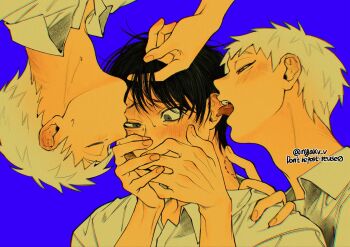 3boys bite_mark bite_mark_on_neck black_hair blue_background blush closed_eyes collared_shirt dual_persona ear_blush ear_licking embarrassed fingernails hands_on_own_face hashtag-only_commentary highres hikaru_ga_shinda_natsu indou_hikaru indou_hikaru_(human) kiss licking male_focus mole mole_on_cheek multiple_boys neck_blush nyakv_v red_eyes saliva shirt short_hair simple_background tongue tongue_out tsujinaka_yoshiki twitter_username white_hair white_shirt yaoi