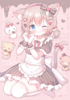 >_< 1girl ;q animal_ear_fluff animal_ears apron black_bow black_dress blue_eyes blush bow bowtie cat cat_ears cat_girl cat_tail closed_mouth commentary_request dress frilled_apron frilled_dress frilled_sleeves frills full_body hair_between_eyes hair_ornament hairband hanasakichu heart heart_hair_ornament heart_hands highres looking_at_viewer one_eye_closed original pink_background rabbit red_bow red_bowtie red_hairband seiza short_sleeves sitting smile solo striped_bow striped_bowtie striped_clothes striped_dress tail thighhighs tongue tongue_out vertical-striped_clothes vertical-striped_dress white_apron white_thighhighs wrist_cuffs zettai_ryouiki