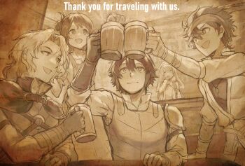 Rule 34 | 2girls, 3boys, absurdres, beer mug, cancanbaobao55, cloak, closed eyes, collared shirt, commentary request, cup, english text, hair between eyes, hand to own mouth, highres, holding, holding cup, jewelry, laurana (octopath traveler), long hair, ludo (octopath traveler), maid headdress, mug, multiple boys, multiple girls, necklace, octopath traveler, octopath traveler: champions of the continent, octopath traveler 0, open mouth, parted bangs, parted lips, phenn (octopath traveler), sepia, shirt, shirt under dress, short hair, single shoulder pad, sketch, smile, stia (octopath traveler), tavern, toasting (gesture), updo, veil, vest, wavy hair, zero (octopath traveler)