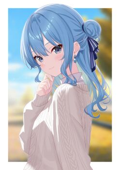 1girl absurdres aran_sweater blue_eyes blue_hair blue_ribbon blurry blurry_background blush border cable_knit closed_mouth commentary_request day depth_of_field earrings from_side grey_sweater hair_bun hair_ribbon hand_on_own_cheek hand_on_own_face highres hololive hoshimachi_suisei jewelry long_hair long_sleeves looking_at_viewer looking_to_the_side outdoors outside_border ribbon single_hair_bun smile solo sweater toketa-sekai upper_body virtual_youtuber white_border