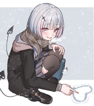 1girl asumi_sena asumi_sena_(4th_costume) bag black_hoodie black_thighhighs blush brown_scarf cross_hair_ornament demon_tail grey_hair grey_skirt hair_ornament hood hoodie looking_at_viewer multicolored_hair multiple_tails open_mouth pink_eyes pink_hair ringozeri scarf school_bag skirt snow solo squatting steam streaked_hair tail thighhighs two-tone_hair two_tails virtual_youtuber vspo!