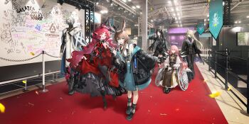 1boy 5girls amiya_(arknights) animal_ears arknights artist_request black_hair black_jacket black_pants black_socks blonde_hair blue_dress brown_hair character_request demon_girl demon_horns detached_wings dress energy_wings fox_ears fox_girl halo highres horns indoors ines_(arknights) jacket laterano_logo lemuen_(arknights) long_hair long_sleeves mask mouth_mask multiple_girls nymph_(arknights) official_art open_mouth pants pink_hair rabbit_ears rabbit_girl red_dress red_eyes red_shoes sheep_girl sheep_horns shoes sitting socks teeth traditional_halo ulpianus_(arknights) upper_teeth_only vulpisfoglia_(arknights) waving wavy_hair wheelchair wings zaaro_(arknights)