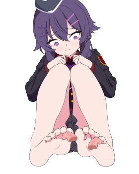 1girl bare_legs barefoot black_hat black_jacket black_skirt blue_archive blush bright_pupils buttons closed_mouth collared_shirt commentary curled_fingers disembodied_tongue double-parted_bangs embarrassed english_commentary feet foot_focus foot_worship furrowed_brow garrison_cap gold_buttons hair_between_eyes hair_flaps hair_ornament hairclip hands_on_own_knees haruka_(blue_archive) hat highres jacket knees_up koma-sensei layered_sleeves licking licking_foot light_blush long_sleeves looking_down medium_hair miniskirt multiple_hair_clips pink_pupils pleated_skirt purple_eyes purple_hair red_shirt shirt simple_background sitting skirt soles solo toes tongue white_background