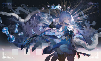 1girl asymmetrical_sleeves black_thighhighs blue_dress blue_eyes cerydra_(honkai:_star_rail) chess_piece closed_mouth crown detached_sleeves dress fire floating_hair hand_up highres holding holding_chess_piece honkai:_star_rail honkai_(series) long_hair long_sleeves looking_at_viewer mini_crown mismatched_sleeves single_thighhigh solo spencer_sais standing tagme thighhighs