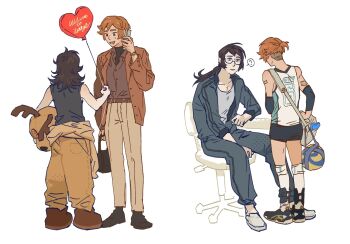 1boy 1girl abaddon_(haunted_hotel) aged_up balloon blue_eyes brown_eyes brown_hair brown_jacket chair commentary deer_costume english_commentary esther_freeling glasses haunted_hotel heart_balloon highres holding holding_balloon holding_mascot_head jacket long_hair mascot_costume mascot_head multiple_views orange_hair repeeksdnuorg short_hair simple_background sitting sportswear swivel_chair undercut volleyball volleyball_uniform white_background