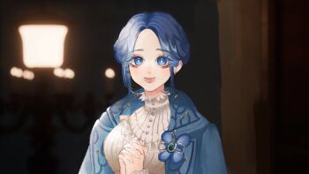 1girl aegyo_sal blue_coat blue_eyes blue_hair blue_pupils blurry blurry_background breasts coat commentary curechime dress english_commentary eyelashes highres large_breasts lies_of_p looking_at_viewer medium_hair open_clothes open_coat own_hands_clasped own_hands_together pink_lips smile solo sophia_monad standing upper_body white_dress