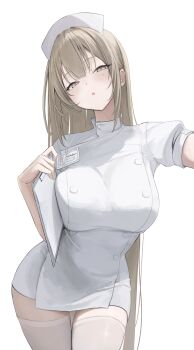 1girl absurdres arm_out_of_frame blonde_hair breasts clipboard dress hat highres holding holding_clipboard id_card laneigu large_breasts long_hair looking_at_viewer mole mole_on_cheek mole_under_eye nurse nurse_cap open_mouth original parted_lips short_sleeves simple_background solo thighhighs thighs very_long_hair white_background white_dress white_thighhighs yellow_eyes yuzu_(laneigu)