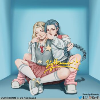 2girls absurdres blue_eyes blue_hair commentary commission english_commentary grey_shoes grey_sweater_vest hair_ornament hairclip highres holding_another's_hair jinx_(league_of_legends) kneehighs league_of_legends leg_warmers long_hair long_sleeves lux_(league_of_legends) multiple_girls necktie pink_eyes pink_leg_warmers red_necktie rhemie shirt shoes sitting socks sweater_vest white_shirt white_socks yuri