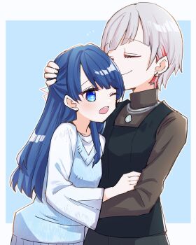 2girls blue_background blue_eyes blue_hair blue_ribbon blue_sweater_vest border brown_shirt chain chain_necklace closed_mouth commentary_request earrings grey_hair hair_ribbon half_updo highres jewelry kanduki_kamibukuro link!_like!_love_live! long_hair long_sleeves love_live! multicolored_hair multiple_girls murano_sayaka murano_sayaka_(winter_casual) necklace official_alternate_costume open_mouth outside_border red_hair red_ribbon ribbon shirt short_hair simple_background smelling smelling_hair star_(symbol) star_earrings streaked_hair sweater sweater_vest turtleneck turtleneck_shirt v-neck virtual_youtuber white_border white_sweater yugiri_tsuzuri yugiri_tsuzuri_(post-graduation)