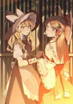 2girls absurdres apron black_skirt black_vest blonde_hair bow braid brown_eyes brown_hair commentary_request detached_sleeves expressionless frilled_bow frilled_hair_tubes frills from_behind hair_between_eyes hair_bow hair_tubes hakurei_reimu hat hat_bow highres holding holding_ofuda kirisame_marisa long_hair looking_at_viewer looking_back looking_to_the_side multiple_girls ofuda red_bow red_shirt red_skirt ribbon-trimmed_sleeves ribbon_trim shi_chimi shirt short_sleeves side_braid single_braid skirt skirt_set touhou vest white_bow white_shirt witch_hat yellow_eyes