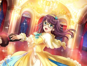 2girls ballroom beast_(fairy_tale_character) beauty_(fairy_tale_character) beauty_(fairy_tale_character)_(cosplay) beauty_and_the_beast_(fairy_tale) black_gloves capelet chandelier cosplay daiba_nana dress earrings floating_hair frilled_sleeves frills game_cg glasses gloves green_eyes hair_down hairband holding_hands hoshimi_junna indoors jewelry long_hair long_sleeves multiple_girls official_art open_mouth outstretched_arms purple_hair shoujo_kageki_revue_starlight shoujo_kageki_revue_starlight_-re_live- solo_focus standing upper_body white_capelet yellow_dress yellow_hairband