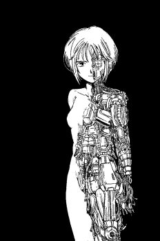 1girl baegopayohungry black_background cowboy_shot cyborg elpeo_puru exposed_internal_machinery gundam gundam_zz looking_at_viewer mechabare monochrome nude robot_girl short_hair simple_background smile solo wire