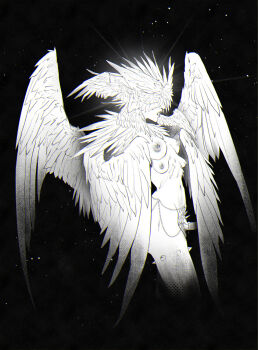1futa angel angel_wings black_background body_piercings caio_santos completely_nude cropped_legs erection extra_breasts extra_ears fantasy feathered_wings futanari greyscale head_wings highres monochrome monster_girl navel nipples nude open_mouth original penis simple_background solo stomach testicles uncensored wings