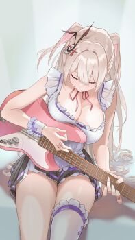 1girl absurdres bass_guitar breasts brown_hair cleavage closed_eyes collarbone commentary commentary_typo dress english_commentary epic_seven frilled_dress frilled_thighhighs frilled_wrist_cuffs frills hair_intakes hair_ornament highres instrument jewelry laia_(epic_seven) large_breasts long_hair multiple_rings music playing_bass_guitar playing_instrument purple_trim ring sidelocks simple_background single_thighhigh sitting solo thighhighs thighs tinkst two_side_up very_long_hair white_background white_dress white_thighhighs white_wrist_cuffs wrist_cuffs