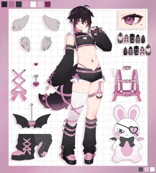 1boy absurdres ahoge animal_ears artist_self-insert bat_wings belt black_hair choker crop_top dog_boy dog_ears dog_tail fingernails frills highres indie_virtual_youtuber joei_(vtuber) joeiwanko leg_warmers multicolored_hair navel navel_piercing paw_print_soles piercing pink_eyes pink_hair rabbit reference_sheet short_shorts shorts stuffed_animal stuffed_rabbit stuffed_toy tail trap wings