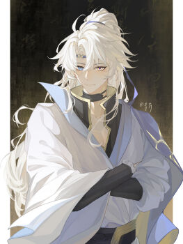 1boy absurdres antenna_hair artist_name belt black_sleeves blue_eyes chinese_clothes chinese_commentary choker clothing_request collarbone commentary_request crossed_arms curtained_hair earrings frilled_sleeves frills hair_between_eyes heterochromia high_ponytail highres honkai:_star_rail honkai_(series) jewelry long_hair long_sleeves looking_at_viewer male_focus mystical_high_collar pectoral_cleavage pectorals phainon_(honkai:_star_rail) phainon_(khaslana)_(honkai:_star_rail) pillarboxed ponytail qing_feng_(artist) second-party_source single_earring smile solo upper_body yellow_eyes