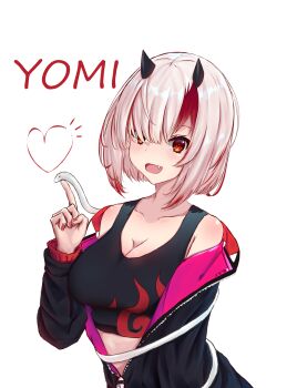 1girl black_horns breasts character_name cleavage commentary_request crop_top fang heart highres horns index_finger_raised indie_virtual_youtuber jacket looking_at_viewer medium_breasts midriff multicolored_hair orange_eyes qiongyouu_dayo red_hair smile snake solo standing utsutsu_yomi virtual_youtuber white_hair zipper