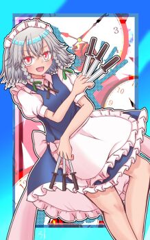 1girl apron blue_skirt braid braided_sidelocks clock commentary crossed_bangs frilled_apron frilled_hairband frilled_skirt frills hairband highres holding holding_knife izayoi_sakuya knife looking_at_viewer maid maid_headdress open_mouth puffy_short_sleeves puffy_sleeves red_eyes rykyukkuri short_hair short_sleeves skirt solo touhou white_apron white_hair